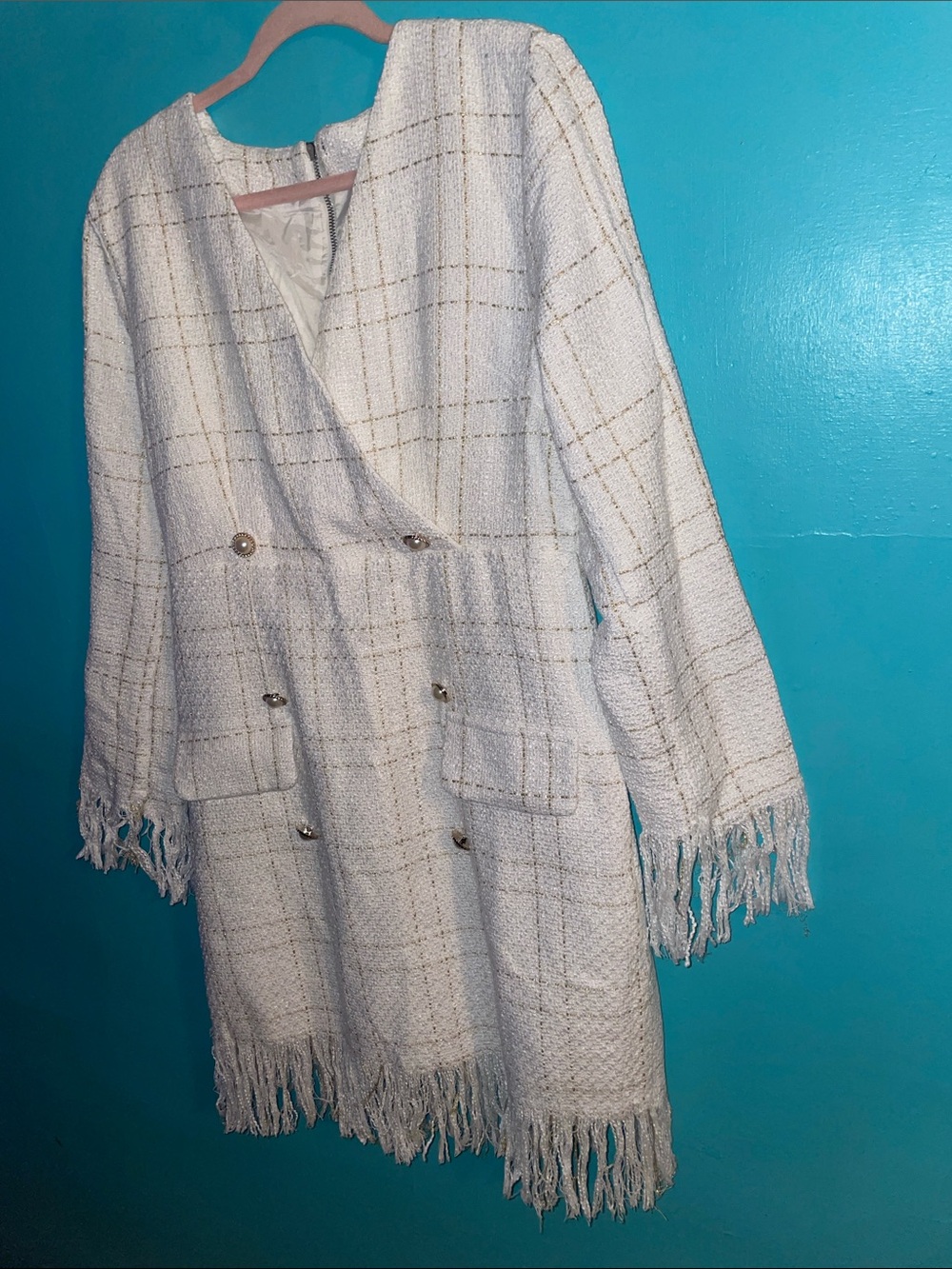 White Tweed Fringe women dress size large